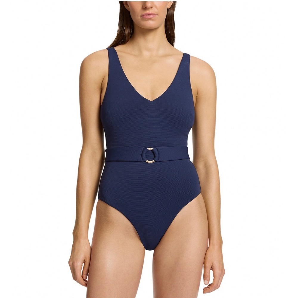 JETS Belted One Piece Swimsuit Ink Navy Blue Ribbed V-Neck Size 8 US J11247